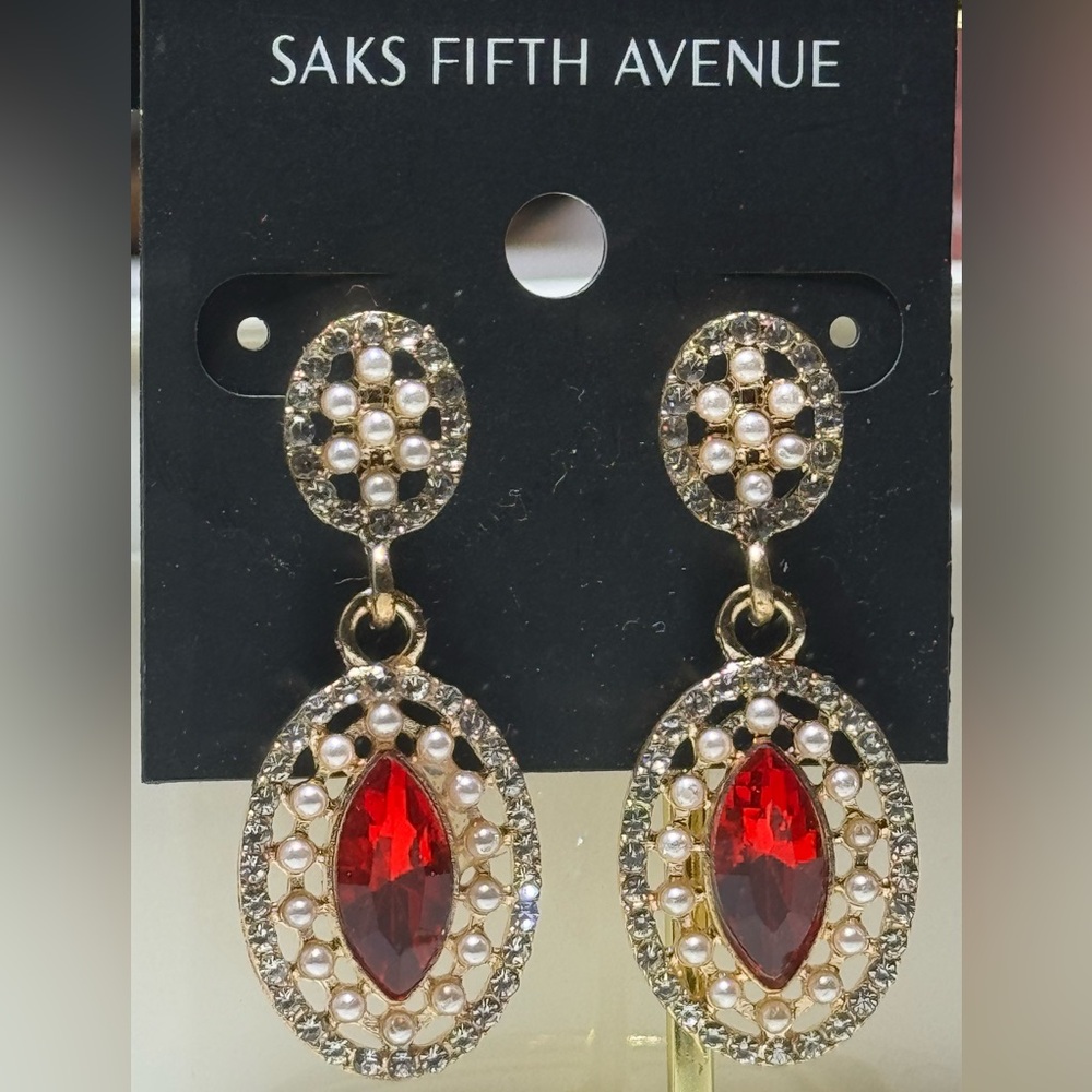 Elegant Saks Fifth Avenue Red Marquise Crystal & Pearl Drop Earrings